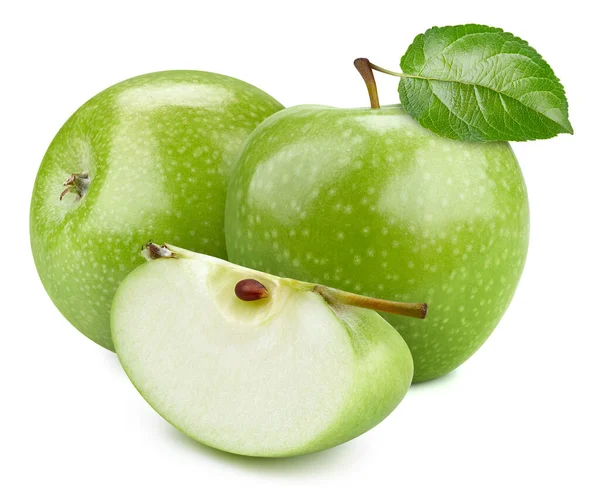 Manzanas Aisladas Dos Manzanas Verdes Enteras Una Rebanada Aislada Sobre — Foto de Stock