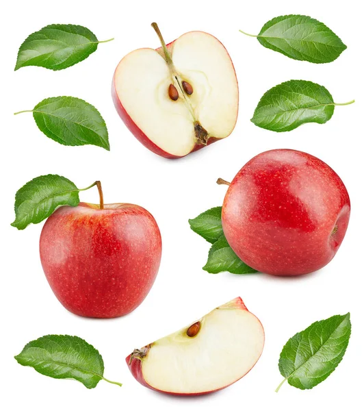 Świeże Czerwone Jabłko Całości Przeciąć Pół Liści Izolowanych Białym Tle — Zdjęcie stockowe