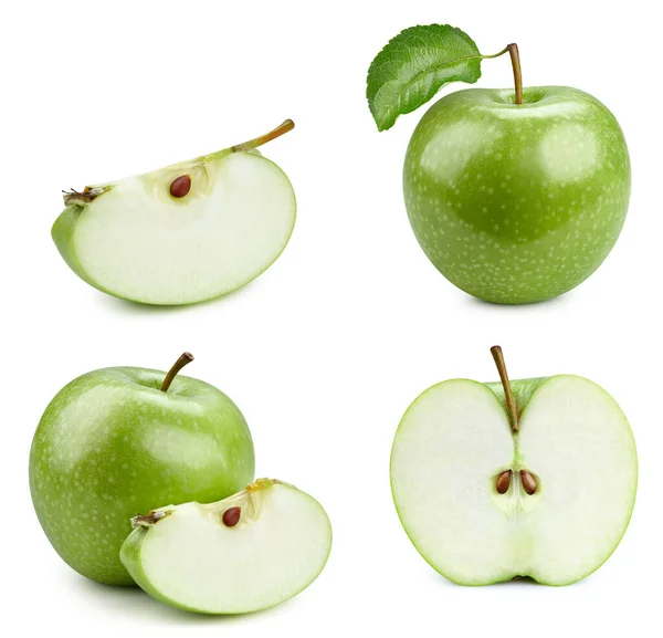 Zralé Zelené Jablko Listy Plátek Izolovaných Bílém Pozadí Ořezovou Cestou — Stock fotografie