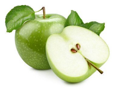 Beyaz arka planda yaprakları olan yeşil elmalar. Kırpma yolu olan elma.
