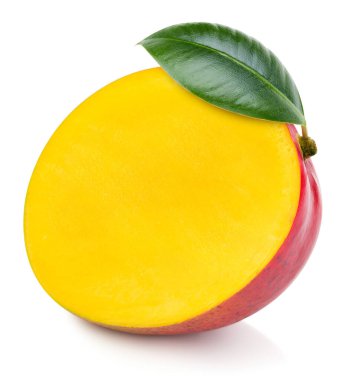 Isolated mango. Fresh organic mango with leaves isolated clipping path. Mango macro studio photo.