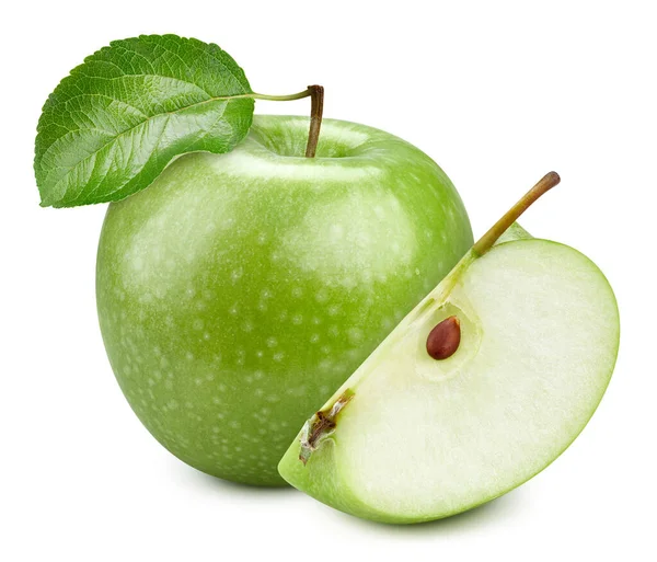 Bir yeşil elma ve bir çeyrek parça izole edilmiş beyaz arka planda kırpma yolu ile