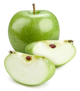 Beyaz arka planda izole edilmiş olgun yeşil elmalar. Apple makro stüdyo fotoğrafı. Apple Kırpma Yolu.