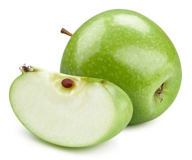 Beyaz arka planda izole edilmiş olgun yeşil elmalar. Apple makro stüdyo fotoğrafı. Apple Kırpma Yolu.