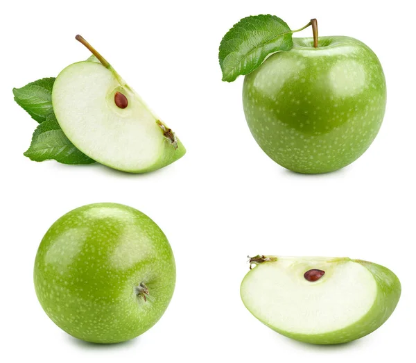 Čerstvé Zelené Jablko Vcelku Nařezané Polovinu Listy Izolovanými Bílém Pozadí — Stock fotografie