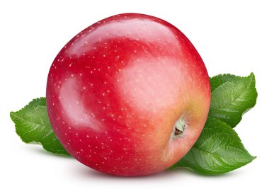 Beyaz arka planda yaprağı olan taze kırmızı elma. Kırpma Yolu. Tam alan derinliği.