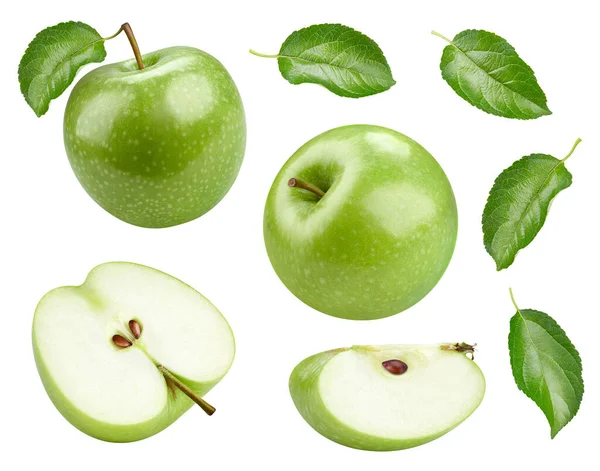 Świeże Zielone Jabłko Całości Wyciąć Pół Liści Izolowanych Białym Tle — Zdjęcie stockowe