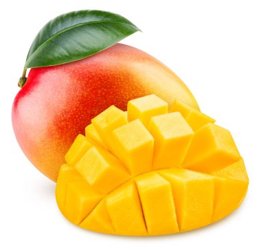 Isolated mango. Fresh organic mango with leaves isolated clipping path. Mango macro studio photo.