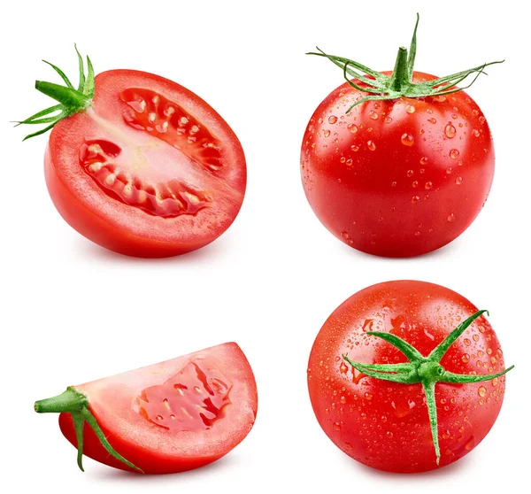 Tomate Inteiro Cortado Metades Fatia Branco Conjunto Tomate Isolado Tomate — Fotografia de Stock