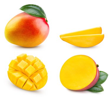 Beyaz arka planda izole edilmiş organik mango. Yapraklı mango tadı. kırpma yolu ile