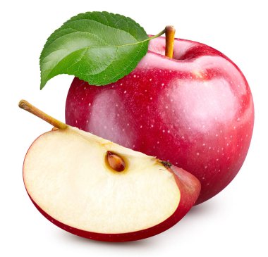 Kırmızı elma kesme yolu. Beyaz arka planda izole edilmiş elmalar. Apple stüdyosu makro çekimi