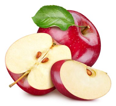 Kırmızı elma izole edildi. Beyaz arka planda elmalar. Kesme yolu olan kırmızı elma dilimi..