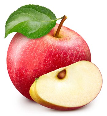 Yaprak izole edilmiş kırmızı elma meyvesi. Beyaz üzerine kırmızı elma yaprakları. Elma toplama yolu. Üst Düzey Erişim