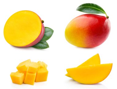 Mango meyveleri ve mango dilimleri koleksiyonu. Mango beyaz bir arkaplanda izole edilmiş. Mango kırpma yolu