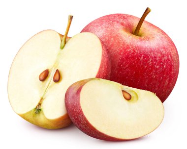 Kırmızı elma kesme yolu. Beyaz üzerine izole edilmiş organik taze elma. Elmanın tam derinliği