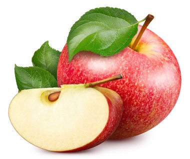 Elma dilimli kırmızı elma ve beyaz arka planda izole edilmiş yapraklar. Yaprak kırpma yolu olan elma
