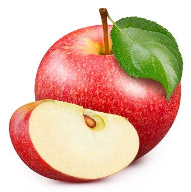 Beyaz arka planda yaprağı olan kırmızı elma. Kırpma yolu olan kırmızı elma