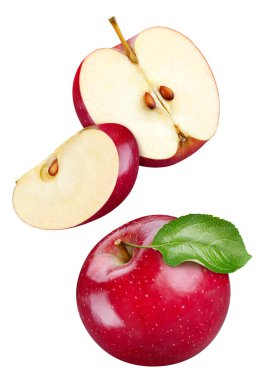 Beyaz arka planda yaprakları olan kırmızı elma. Kırmızı elma ve yarım kırpma yolu.