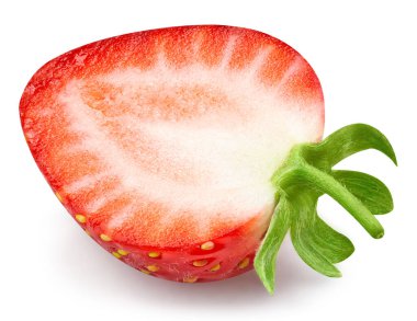 Çilek, beyaz arka planda yarı izole. Taze çilek kırpma yolu. Yakın çekim.