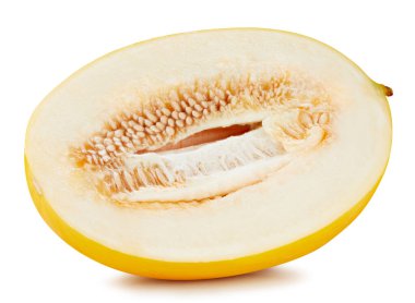 Sarı galia kavunu beyaz arka planda izole edilmiş. Honeydew kavunu yarım kırpma yolu.