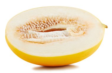 Sarı galia kavunu beyaz arka planda izole edilmiş. Honeydew kavunu yarım kırpma yolu.