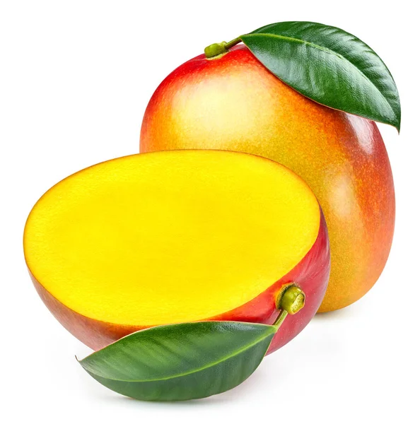 Mango Fruit Mango Half Leaves Isolated Ripe Fresh Mango Clipping — Stock Photo, Image
