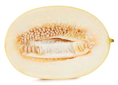 Sarı galia kavunu beyaz arka planda izole edilmiş. Honeydew kavunu yarım kırpma yolu.
