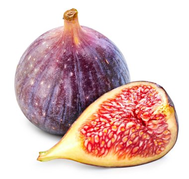 Taze incirin yarısı beyaza izole edilmiş. Olgun incir ağacı kırpma yolu