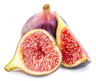 İncir Kırpma Yolu. Olgun incirli makro fotoğraf. Sulu incir meyvesi beyaz arkaplanda izole.