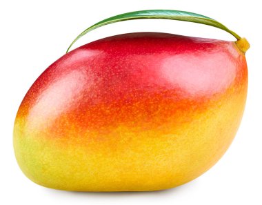 Mango beyaz arka planda izole edilmiş. Olgun mango kırpma yolu. Yapraklı mango.