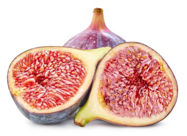 İncir Kırpma Yolu. Olgun incirli makro fotoğraf. Sulu incir meyvesi beyaz arkaplanda izole.