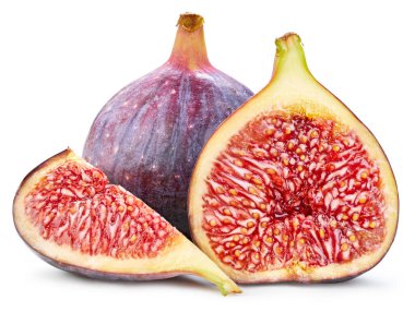 İncir Kırpma Yolu. Olgun incirli makro fotoğraf. Sulu incir meyvesi beyaz arkaplanda izole.