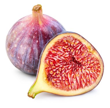 İncir Kırpma Yolu. Olgun incirli makro fotoğraf. Sulu incir meyvesi beyaz arkaplanda izole.