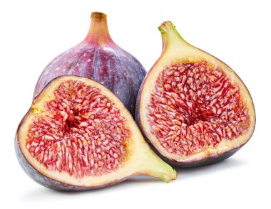 İncir Kırpma Yolu. Olgun incirli makro fotoğraf. Sulu incir meyvesi beyaz arkaplanda izole.