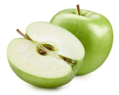 Beyaz arka planda izole edilmiş yeşil elmalar. Olgun taze elmalar kırpma yolu