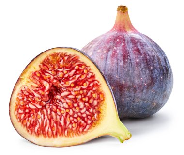 İncir Kırpma Yolu. Olgun incirli makro fotoğraf. Sulu incir meyvesi beyaz arkaplanda izole.