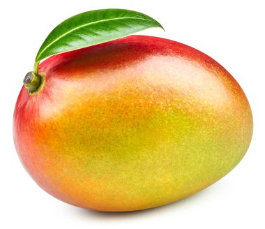 Beyaz arka planda izole edilmiş lezzetli mango. Yaprak kırpma yolu ile olgunlaşmış mango meyvesi.