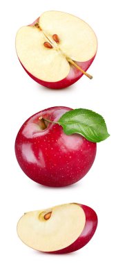 Kırmızı elma bütün ve beyaz arka planda yaprak ile ikiye bölünmüş. Apple Kırpma Yolu. Tam alan derinliği.