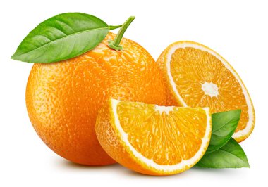 Turuncu turunçgiller beyaz arka planda izole edilmiş. Kırpma yolu olan turuncu. Yapraklı turuncu