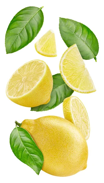 Volar Aire Fruta Limón Con Hojas Aisladas Limón Sobre Blanco — Foto de Stock