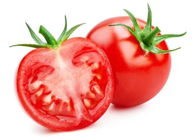 Domates beyaz arka planda izole edilmiş. Kırpma yolu olan taze kırmızı domates