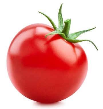 Beyaz arka planda izole edilmiş bir domates. Kırpma yolu olan taze kırmızı domates