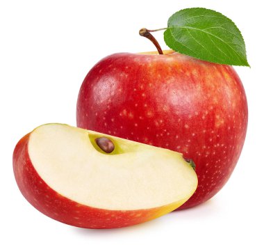 Kırmızı elmalar beyaz arka planda izole edilmiş. Olgun taze elmalar kırpma yolu. Yapraklı elma