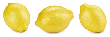 Beyaz arka planda izole edilmiş taze sarı limon koleksiyonu. Limon Meyve Kırpma Yolu.