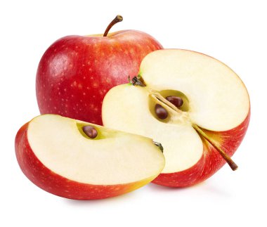 Kırmızı elmalar beyaz arka planda izole edilmiş. Olgun taze elmalar kırpma yolu