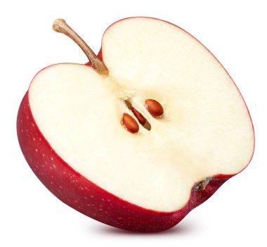 Kırmızı elmanın yarısı beyaz arka planda izole edilmiş. Olgun taze elmalar kırpma yolu