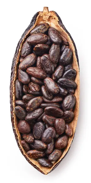 Kakaoschoten Und Kakaobohnen Und Kakaopulver Mit Isolierten Blättern Auf Weißem — Stockfoto