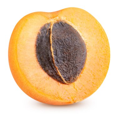 Beyaza izole edilmiş organik taze kayısı. Sulu kayısı, yarım kırpma yolu. Tam alan derinliği