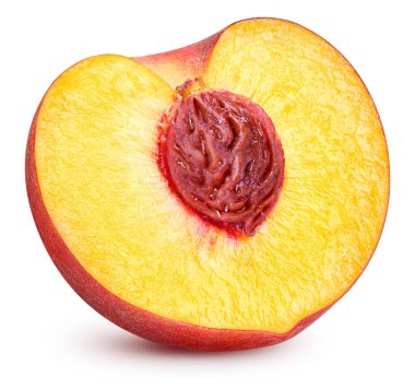 Taze şeftali ve yarım. Şeftalinin yarısı beyazda yalıtılmış. Beyaz arka planda izole edilmiş. Şeftali Kırpma Yolu. Tam alan derinliği