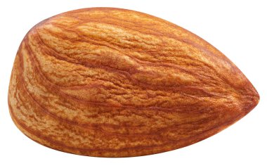 Olgun taze badem kesme yolu. Organik taze badem. Beyaz arkaplanda izole edilmiş bir badem.